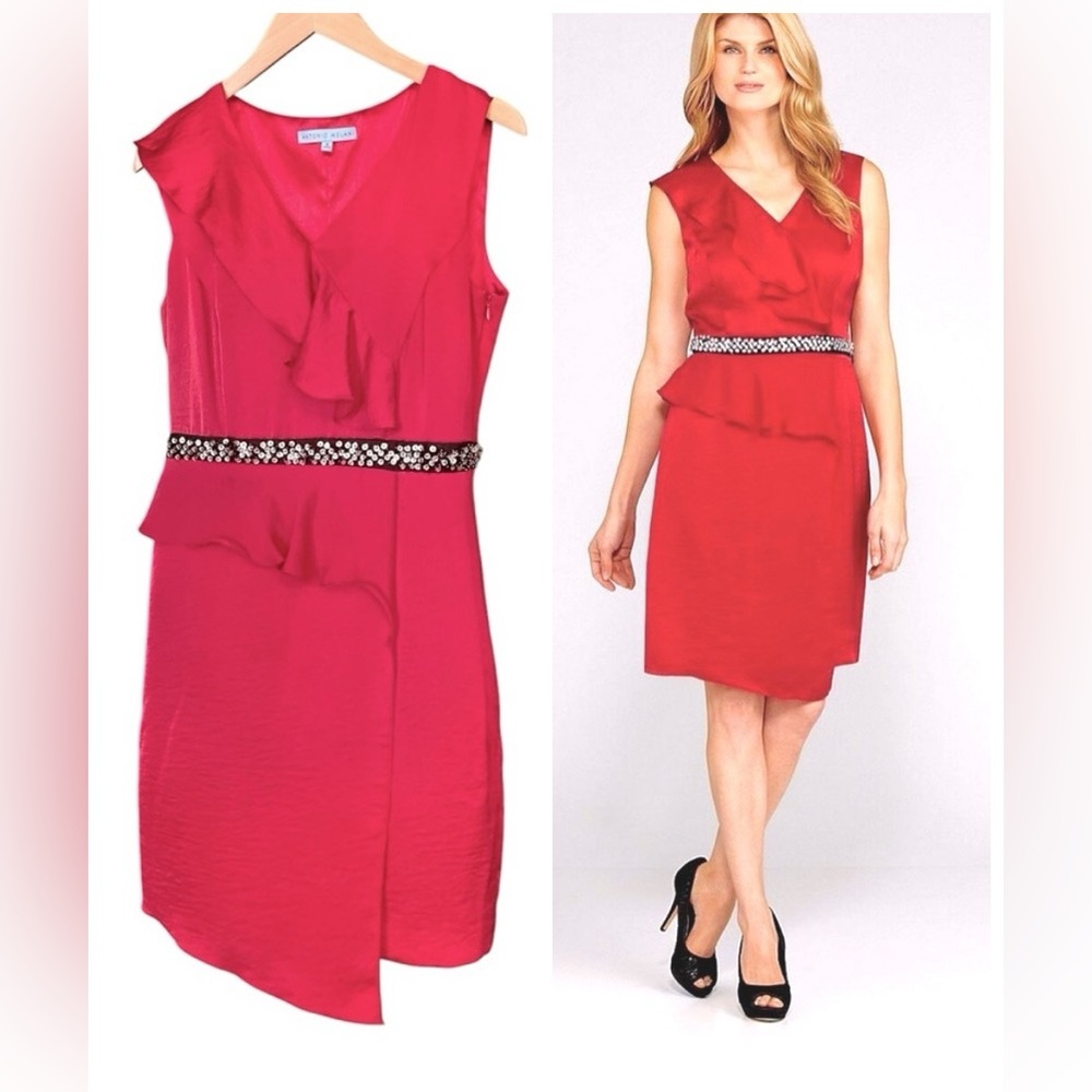 ANTONIO MELANI Red Beaded Waist Faux Wrap Cocktail Dress Sz 8